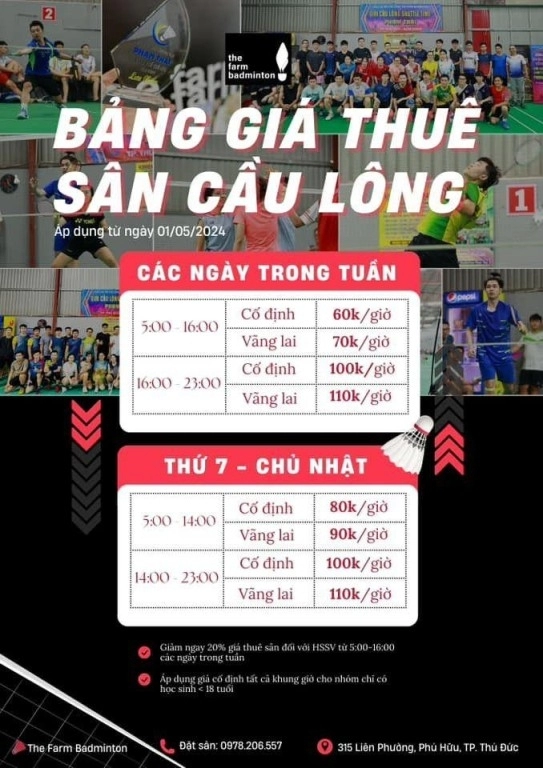 Bảng giá thuê sân cầu lông The Farm Badminton