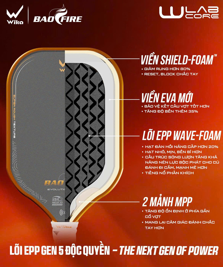 Công nghệ vợt Pickleball Wika Bao Fire 2 16mm