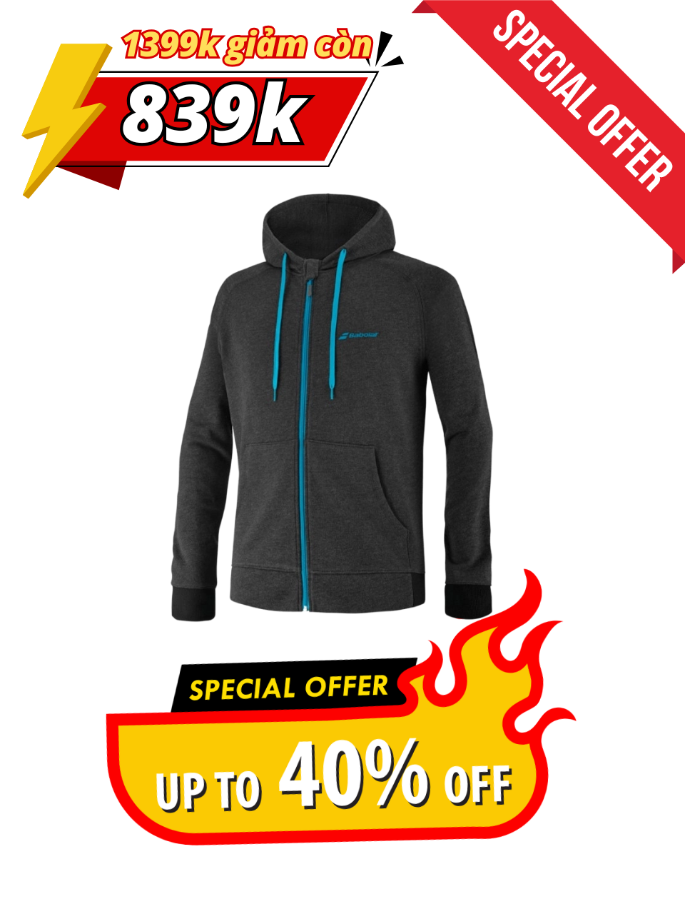 Áo tennis Babolat Exercise Hood Jacket Men chính hãng (11212003) - Size: M